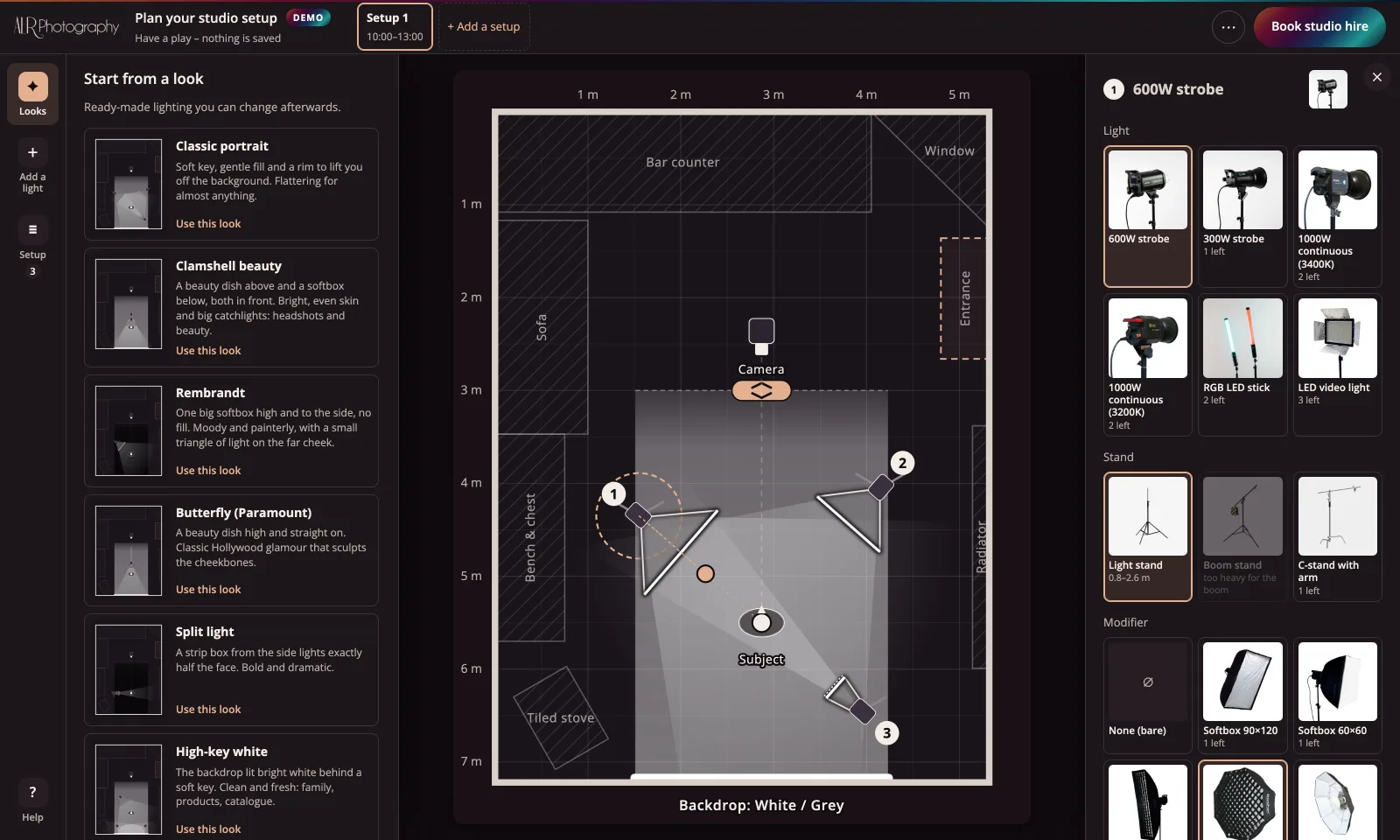 The Studio Setup planner: a to-scale plan of the ALR Photography studio with lights, modifiers and the backdrop